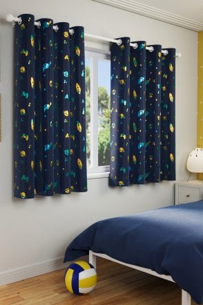 Infinity Room Darkening Thermal Blue Metallic Print Children's Eyelet Curtains